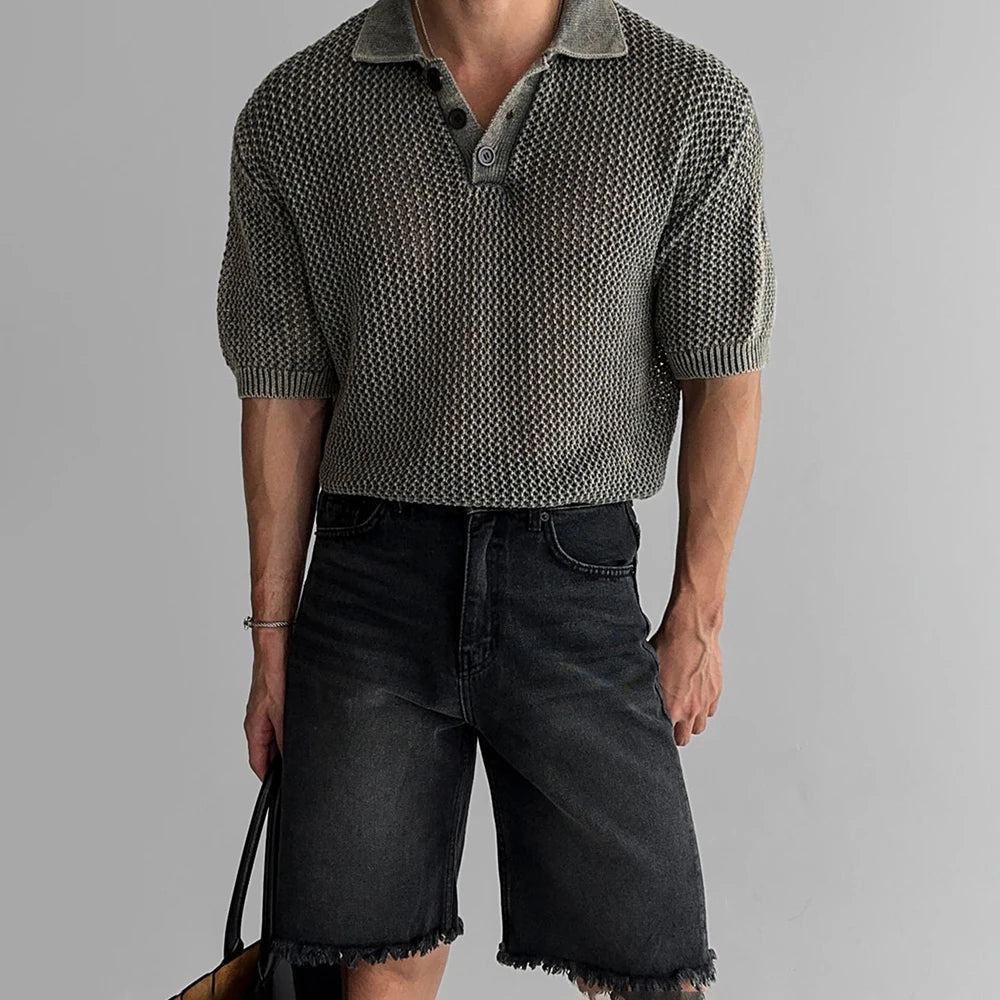 HEARUJOY  -  Men's Knitted Hollow Short-Sleeved Polo Shirt American Retro Fashion Trend Street Loose Breathable Casual Niche New Men's Tops