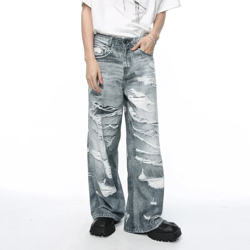 Hearujoy Men's Denim Pants 2024 Summer Fashion Casual Pocket Zipper Male Straight Leg Trousers Retro Style Loose Hole 9C5394