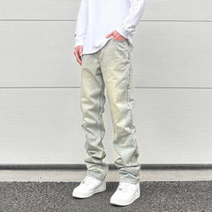 Hearujoy Streetwear Vibe Distressed Washed Trousers Jeans Yellow Mud Dyed Zipper Split Slim Straight Jeans Men Retro Jeans Vintage Y2k