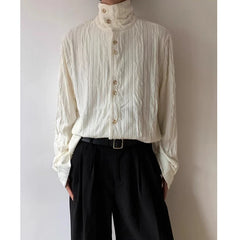 HEARUJOY  -  Men's French Style Vintage Pleated Textured High Collar Button Up Shirt Spring Autumn Y2K Harajuku Solid Long Sleeve Loose Tops