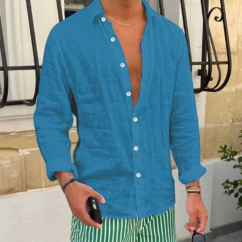 HEARUJOY  -  Men Seaside Beach Vintage Solid Cardigans Top Spring New Casual Linen Shirts Mens Long Sleeve Button-up Turn-down Collar Shirt