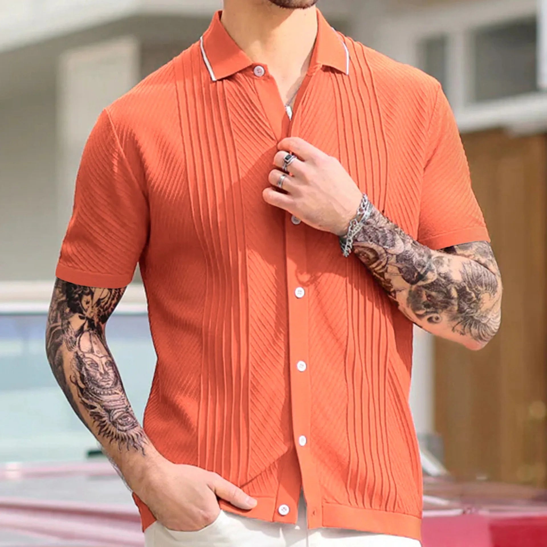 HEARUJOY  -  Men's Luxury Clothing Knit Short Sleeve Polo Shirt Casual Streetwear Lapel Button Down Cardigan Breathable Tops Summer Knitwear