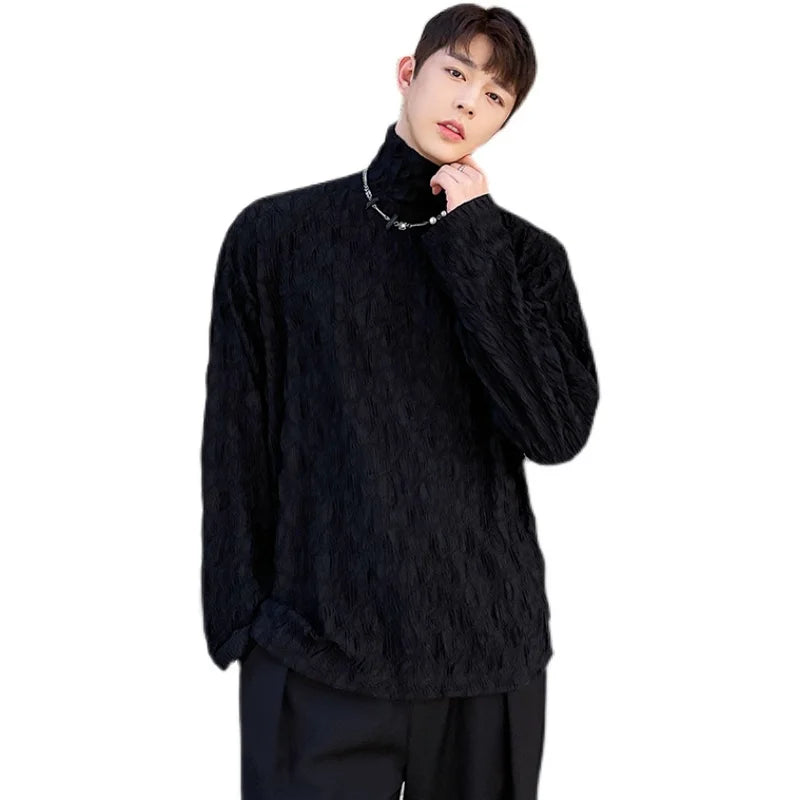 Hearujoy New Spring Winter Fashion Menswear Solid Color Bubble Knitting Pullovers New Loose Turtleneck Base T-shirt Tide