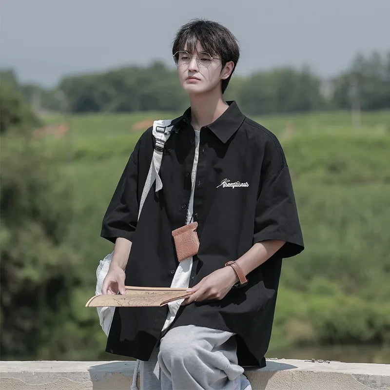 HEARUJOY  -  Retro Japanese Men's Casual Short Sleeve Shirt Spring Summer Loose Fit Versatile Youth Button Loose Half Sleeve Blouse Shirts