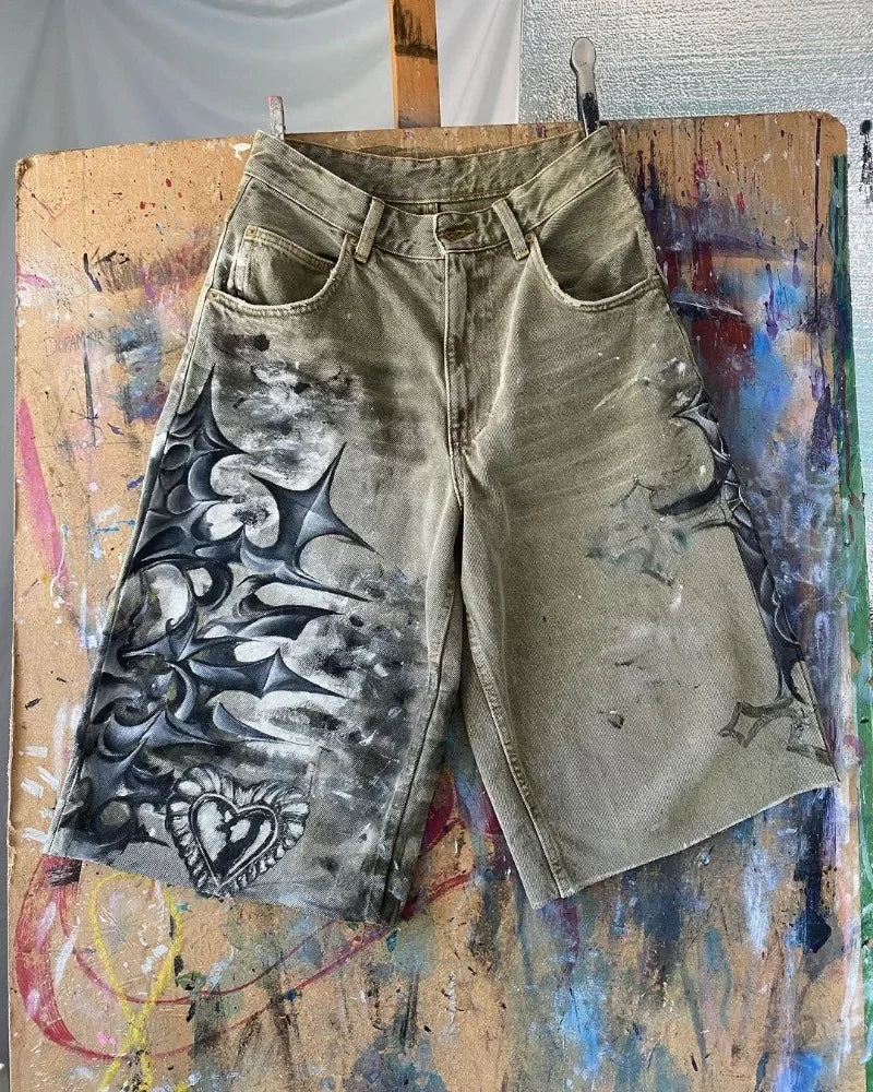 HEARUJOY  -  High Street Fashion Brand High Waist Washed Denim Shorts Women Y2k American Hip Hop Rock Fashion Graffiti Oversized Shorts Men