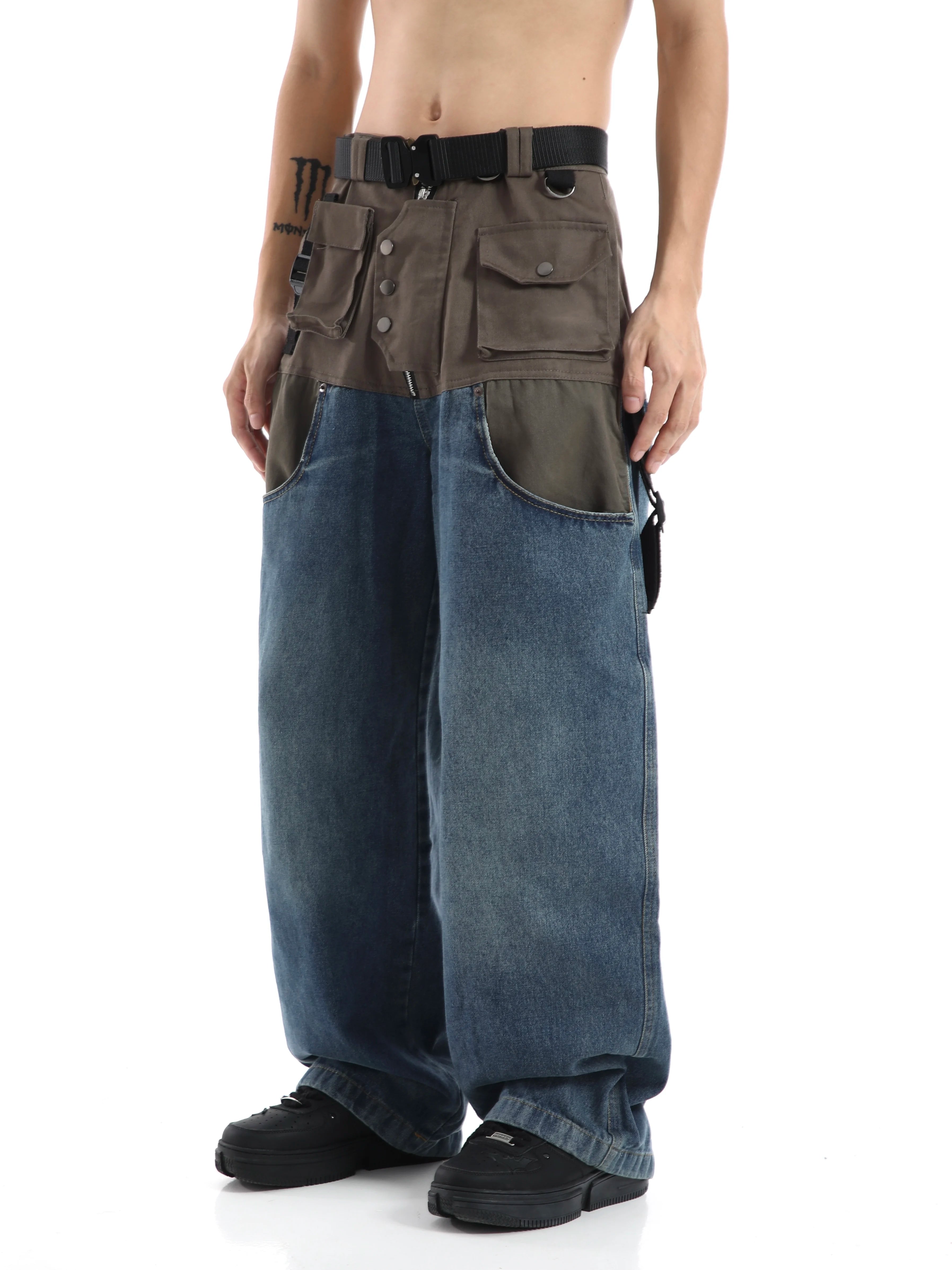 Hearujoy Patchwork Baggy Wide Leg Jeans Pants Men Distressed Denim Trousers Male Oversize Japanese Streetwear Safari Style Casual