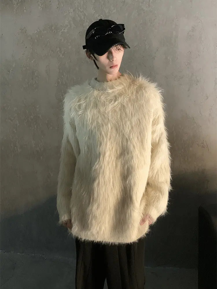 Hearujoy Korean Long Plush Knit Sweater Tops Autumn and Winter Streetwear Imitation Mink Hair Loose Pullover Women Round Neck Jumper Men