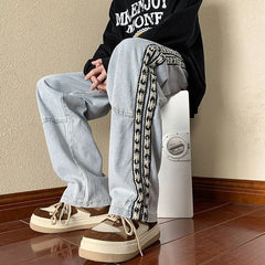 HEARUJOY  -  Ribbon Jeans Men Summer American Street Spring and Autumn Pants Retro Floor-length Wide-leg Pants High Street Straight Pants