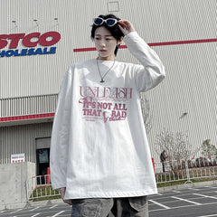 HEARUJOY  -  Fall Korean O Neck Long Sleeve T Shirt Men Cotton Fashion Letter Print Trend Casual Harajuku Oversized Couples Clothing Tops Tee