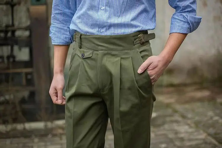HEARUJOY  -  Vintage Green Gurkha Pants For Men Adjustable Waist Buckle Cotton Naples Trousers Fashion Casual Loose Ankle-Length Cargo Pants