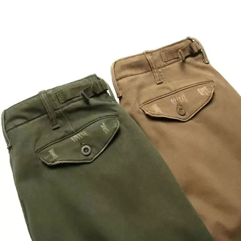 HEARUJOY  -  American Vintage Men Cargo Pants Distress Scratch Washed Cotton Straight Pants Trousers Spring Autumn Heavy Weight Casual Pant