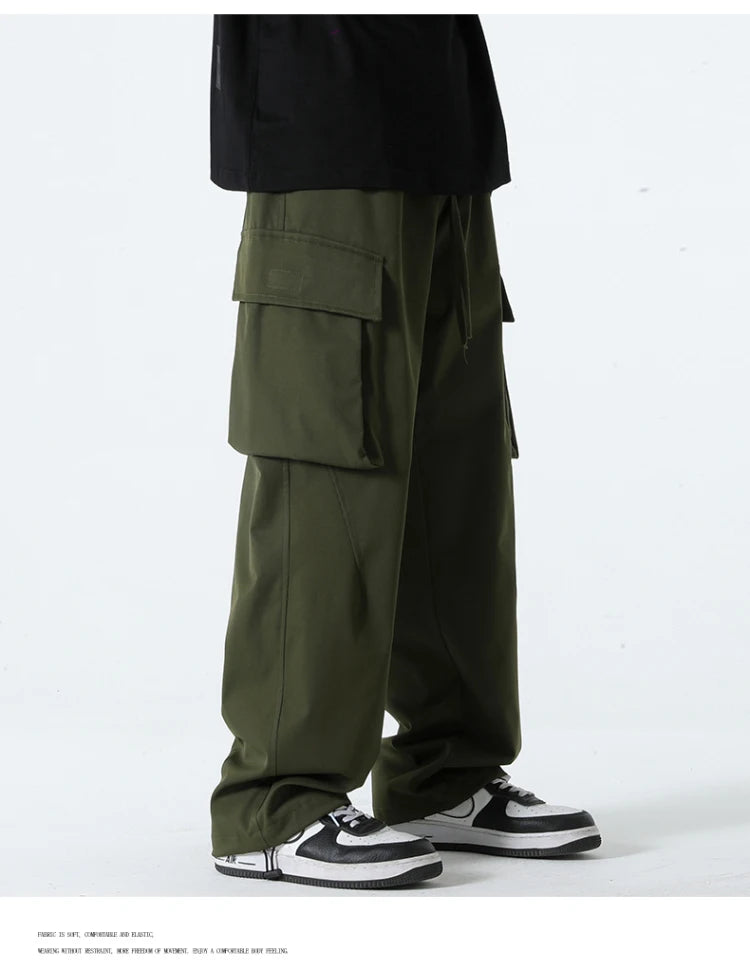 HEARUJOY  -  Men Elastic Waist Solid Color Cargo Pants Multi Pocket Loose Baggy Pants for Women Streetwear Harem Casual Pants하렘 바지