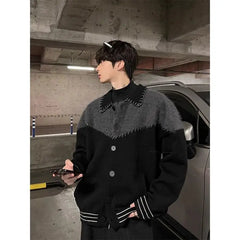 Hearujoy Japanese Retro Contrasting Color Patchwork Cardigan Jacket Men Women's Autumn Winter New Loose Versatile Knitwear Sweater