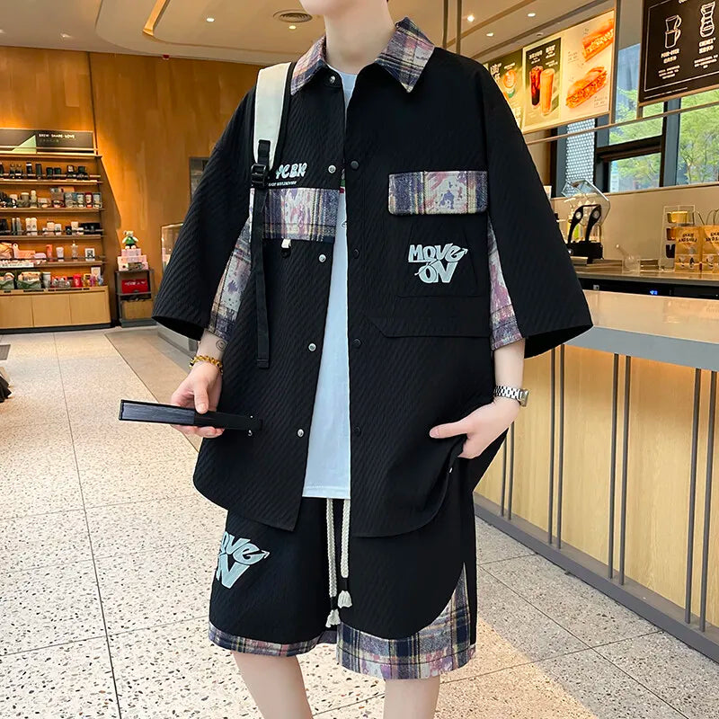 HEARUJOY  -  Summer Men's Casual Set Single Breasted Short Sleeve Shirt Shorts 2 Piece sets Loose Fashion High Quality Sweatshirt Suit
