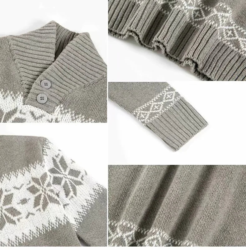 HEARUJOY  -  Autumn Winter New Men Jacquard Sweater Polo Shirts Coat Christmas Snowflake Printed Tees Tops Knitted Stand Collar Clothing