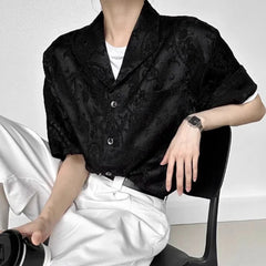 HEARUJOY  -  Mens Shirts Embroidered Jacquard Casual Shirts Spring Streetwear Fashion Youth Campus Short-Sleeved Tops Men'S Clothing 2025 New