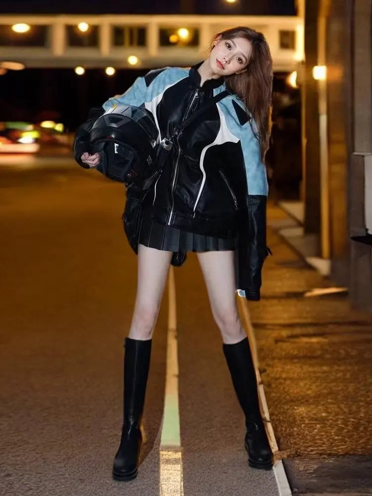 HEARUJOY  -  Men's Motorcycle Leather Jacket Color Block Racing PU Leather Coat Women Spring New Zip Up Stand Collar Hip Hop Street Outwear
