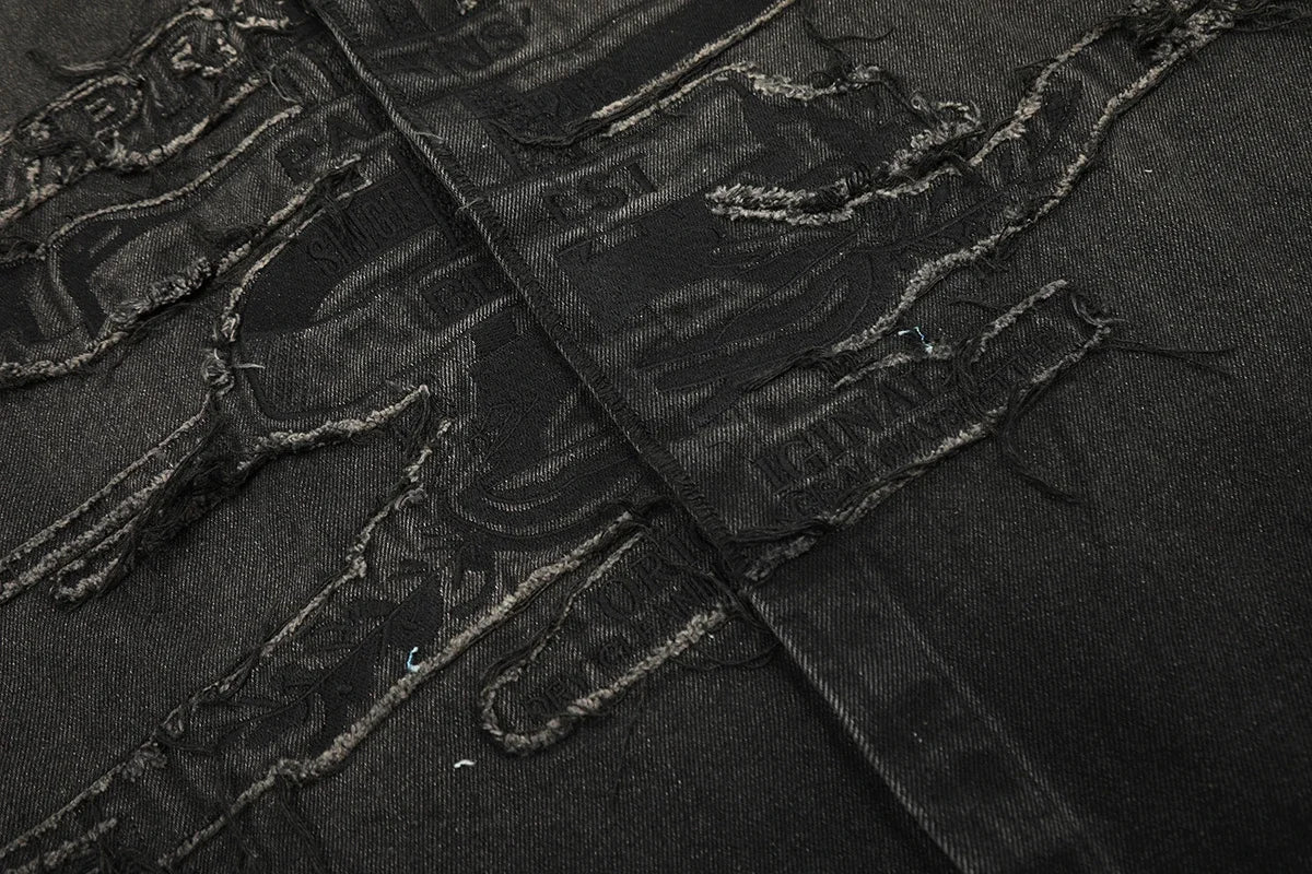 Hearujoy Distressed Letter Embroidery Frayed Jeans Jacket for Men and Women Vintage Washed Baggy Denim Coat Oversized Windbreaker Clothes