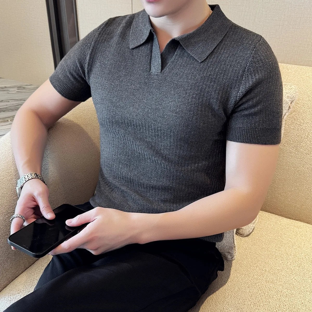 HEARUJOY  -  New Fashion Business Tops Men's Polo Shirt Light Luxury Leisure Knitted V Neck T-shirts for Man Korean Popular Short Sleeve Tees