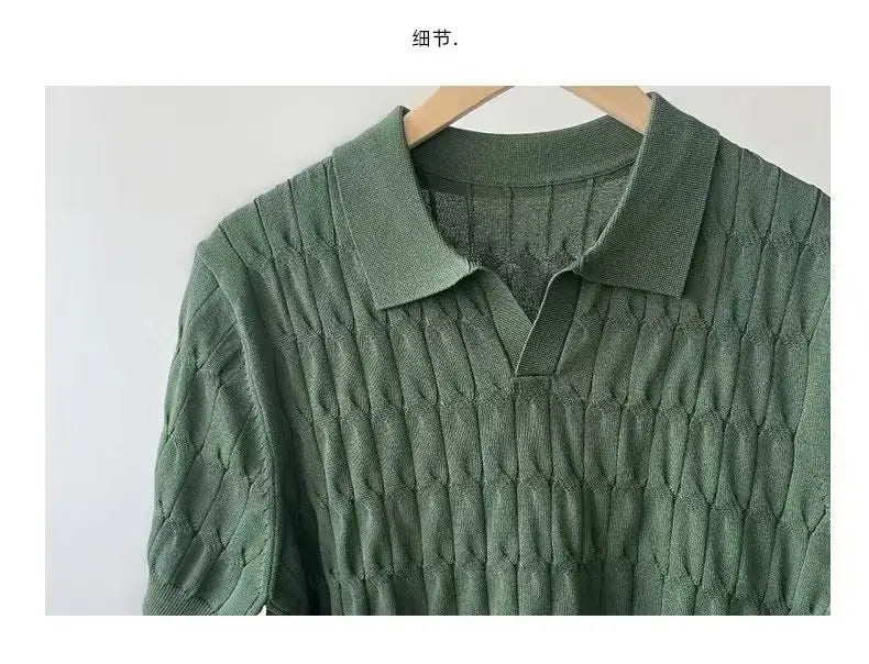 HEARUJOY  -  Summer Clothing Men's Light Luxury Knitted Jacquard Polo Shirt V-Neck Solid Color Short-sleeved Korean Popular Leisure Knitwear