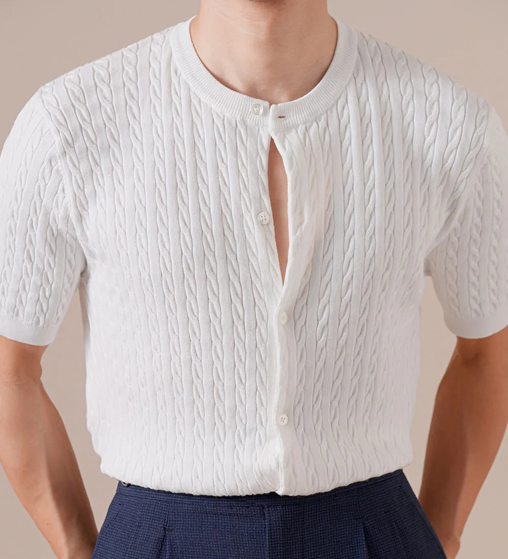 HEARUJOY  -  Summer Tencel Cotton Jacquard Knit Cardigan Men's Short Sleeve Thin Round Neck Draped Casual Business T-Shirt Breathable Polo