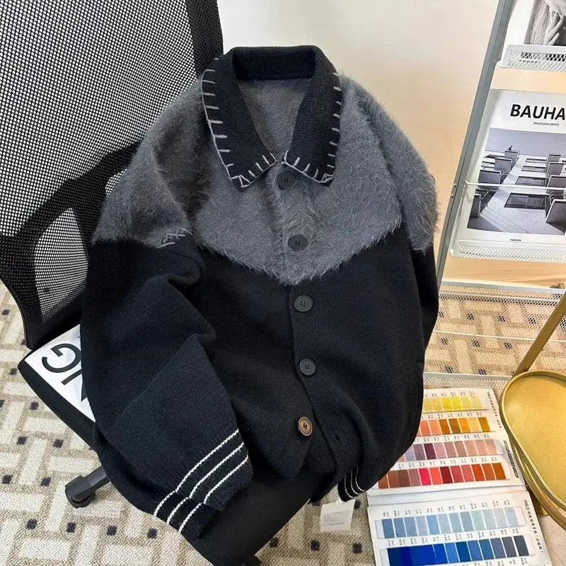 HEARUJOY  -  Korean Contrasting Color Splicing Cardigan Lapel Sweater Men and Women Trendy Niche Loose Warm Sweater