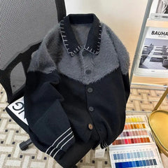 HEARUJOY  -  Korean Contrasting Color Splicing Cardigan Lapel Sweater Men and Women Trendy Niche Loose Warm Sweater