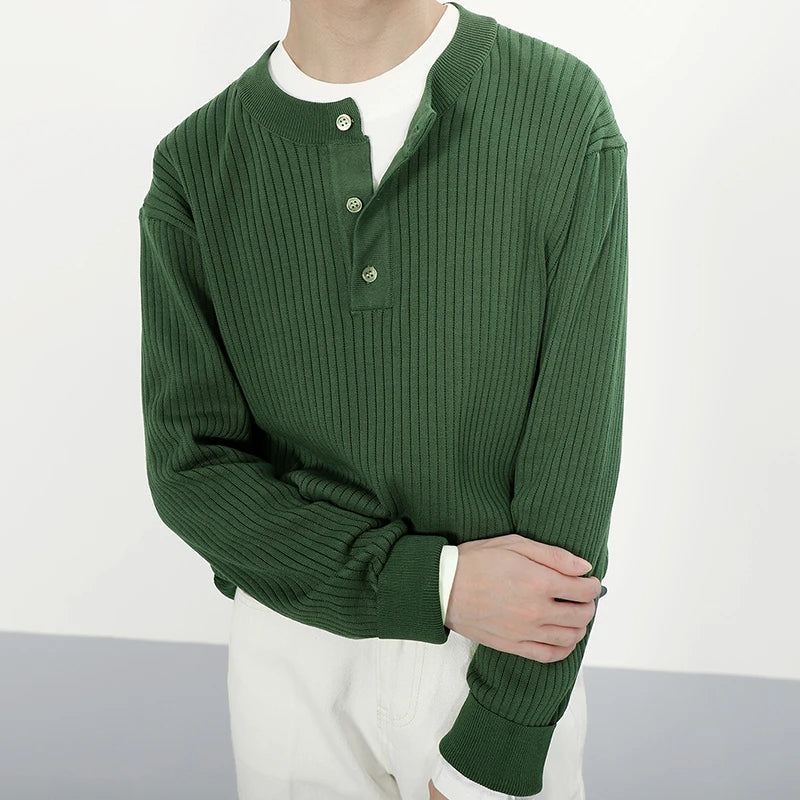 HEARUJOY  -  Stylish Men's Knitting Pullover Tops Autumn Daily Casual Long Sleeve O Neck Button Sweaters For Men Fashion Solid Color Sweater