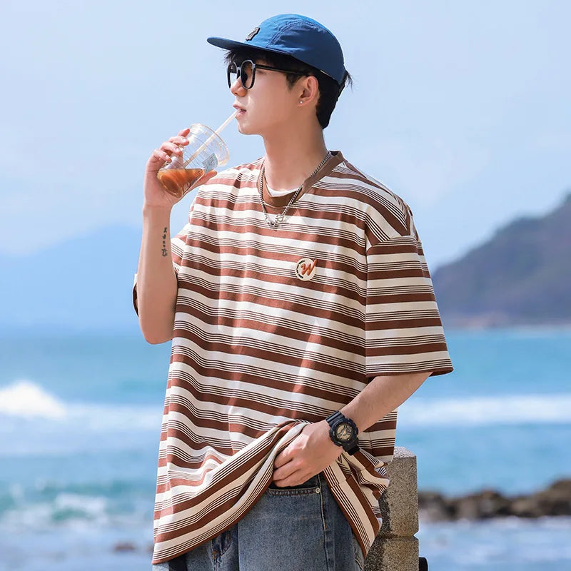 HEARUJOY  -  Hip Hop Striped T Shirt Men Streetwear Mens Stripes T-shirts Casual Summer Short Sleeves Oversized Contrast Tshirt Tops Tee