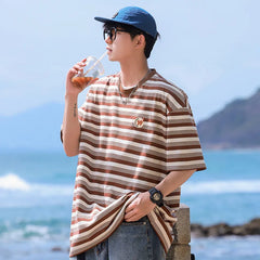 HEARUJOY  -  Hip Hop Striped T Shirt Men Streetwear Mens Stripes T-shirts Casual Summer Short Sleeves Oversized Contrast Tshirt Tops Tee