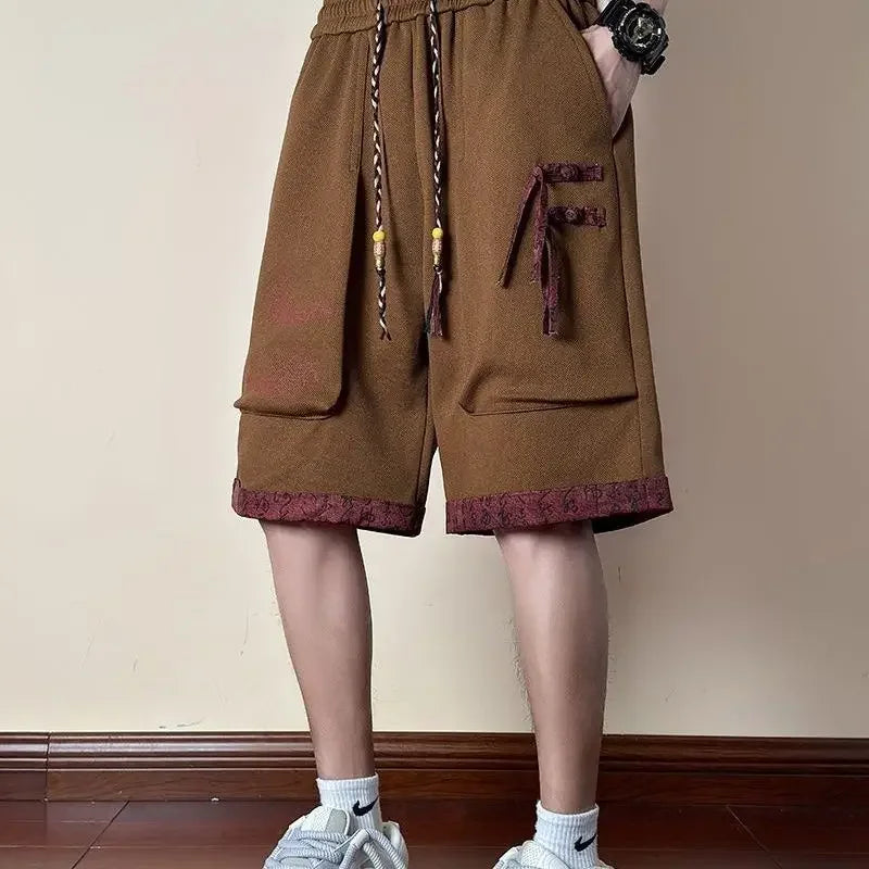 HEARUJOY  -  Long Button Bermuda with Pockets Short Pants for Men Elastic Waist Wide Half Khaki Loose Mens Cargo Shorts Draw String Baggy Y2k
