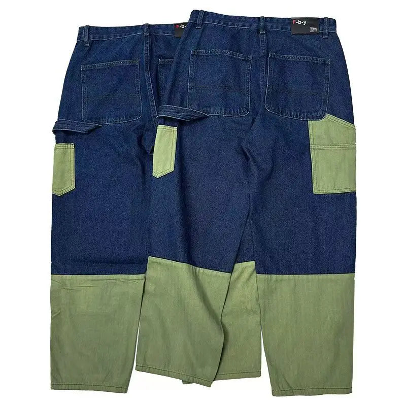 HEARUJOY  -  High Street Patchwork Jeans Men Loose Multi Pocket Cargo Pants Spring Autumn Fashion Vintage Straight Denim Trousers Streetwear