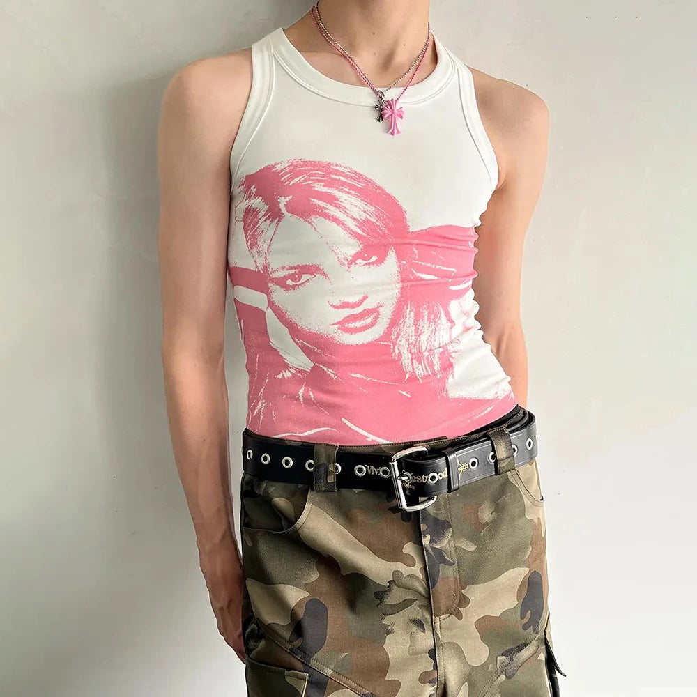 Hearujoy Mens Elastic Tight Y2k Graffiti Cotton Blend Vest Pink Genderless Nightclub Sexy Simple Breathable Fashion Couple Vest Unisex