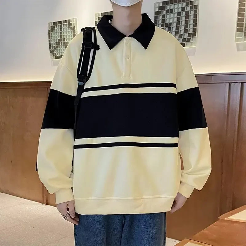 HEARUJOY  -  Men Polo Collar Sweatshirts Spring Autumn Vintage Striped Patchwork Pullover Tops Casual Loose Hoodies Male Harajuku Streetwear