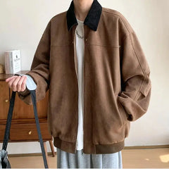 Hearujoy Corduroy Solid Colour Splicing Retro Suede Jacket Men's Autumn Winter Pocket Lapel Zipper Design Loose Jacket Warm Soft