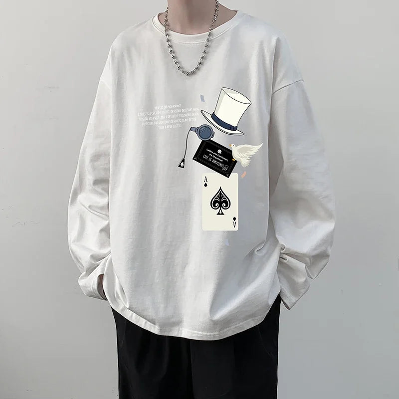 HEARUJOY  -  Men's Cotton Plain T-shirts Full Sleeves White Fashion Mens Oversized T Shirt 5XL Casual Wear Magic Print Tee Shirts for Men