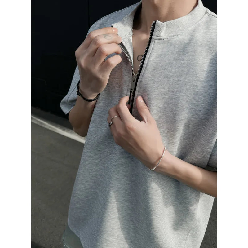 HEARUJOY  -  Summer Short Sleeved T-shirt Men Oversized Casual T Shirt Men Streetwear Korean Loose Round Neck Zipper T Shirt Mens Top M-3XL