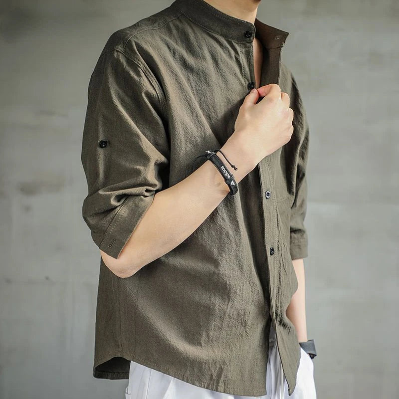 Hearujoy Summer Stand Collar Linen Shirts Man Casual Blouse Three Quarter Sleeve Solid Color Shirt for Men Loose Cotton Linen Shirt M-4XL