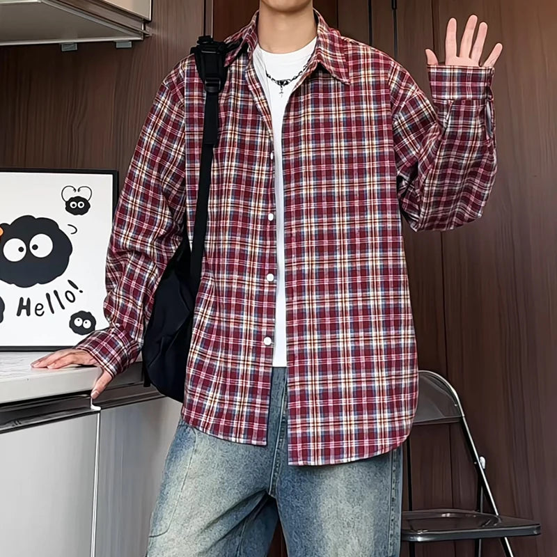 HEARUJOY  -  Mens Loose Fit Plaid Shirt Business Casual Office Wear Classic Work Shirt for Young Professionals Student Relaxed Style Top