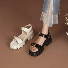 Hearujoy  New Summer Women Shoes Concise Thick Heel Leather Sandals Platform Shoes Platform Sandals White Genuine Leather Flats black