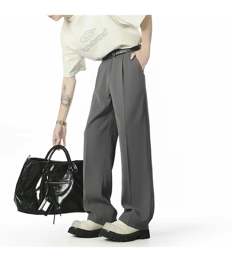 HEARUJOY  -  Men's Straight Baggy Casual Pants Korean Slit Personality Suit Trousers Fashion Formal Business Male Streetwear Gray Black