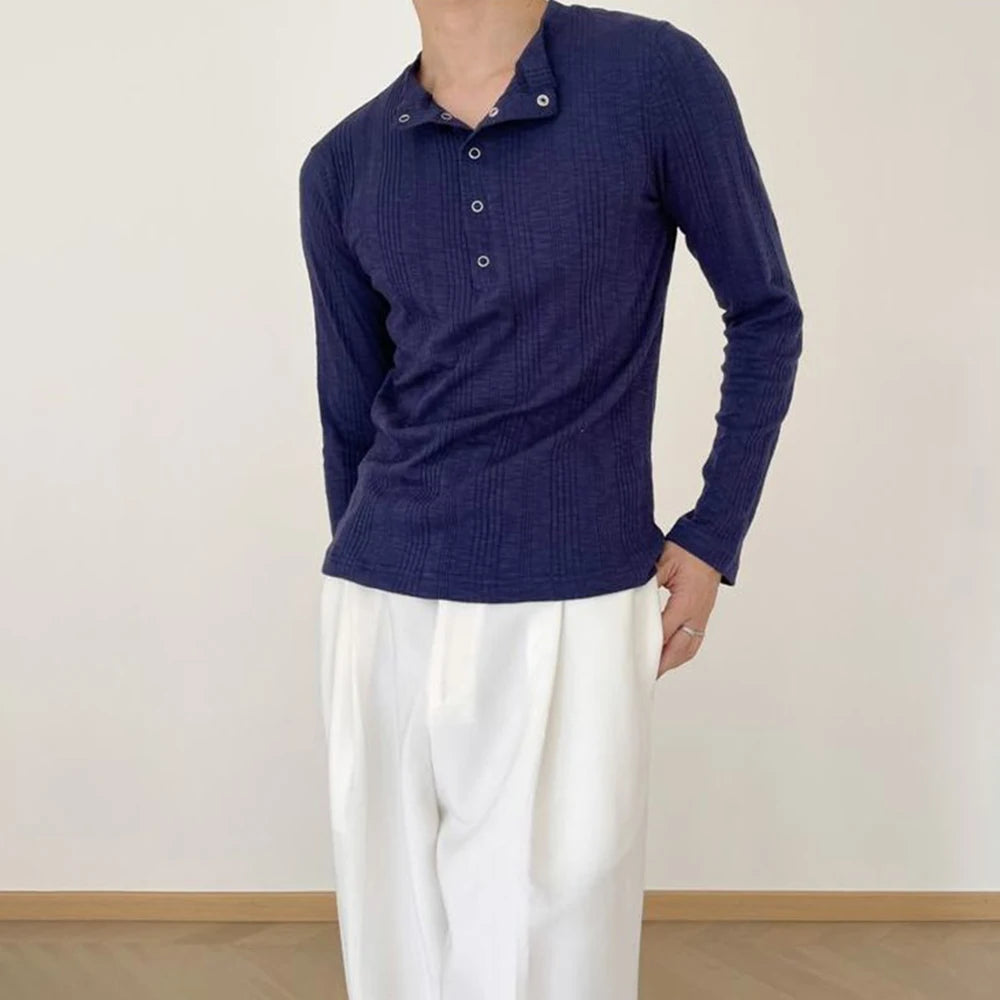 HEARUJOY  -  American Street Fashion Simple Slim Fit Solid Color Knitted Long-Sleeved Shirt Mens Design Lazy Casual Slim Fit Bottoming Shirt