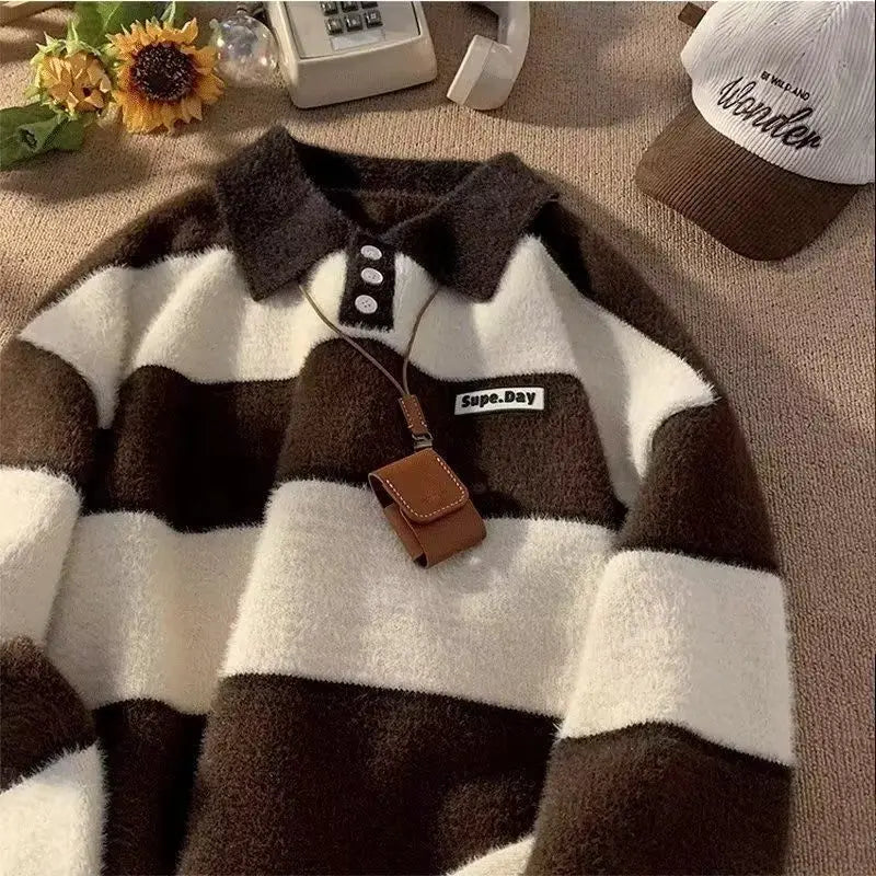 Hearujoy Collar Striped Forest Sweater Men's and Women's Thick Lazy Style Knitted Sweater Couple Jacket