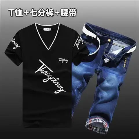 HEARUJOY  -  Summer Men Set Cotton T-Shirts Denim shorts New Tide Cowboy Shorts two Piece suits  Handsome Men's Sets