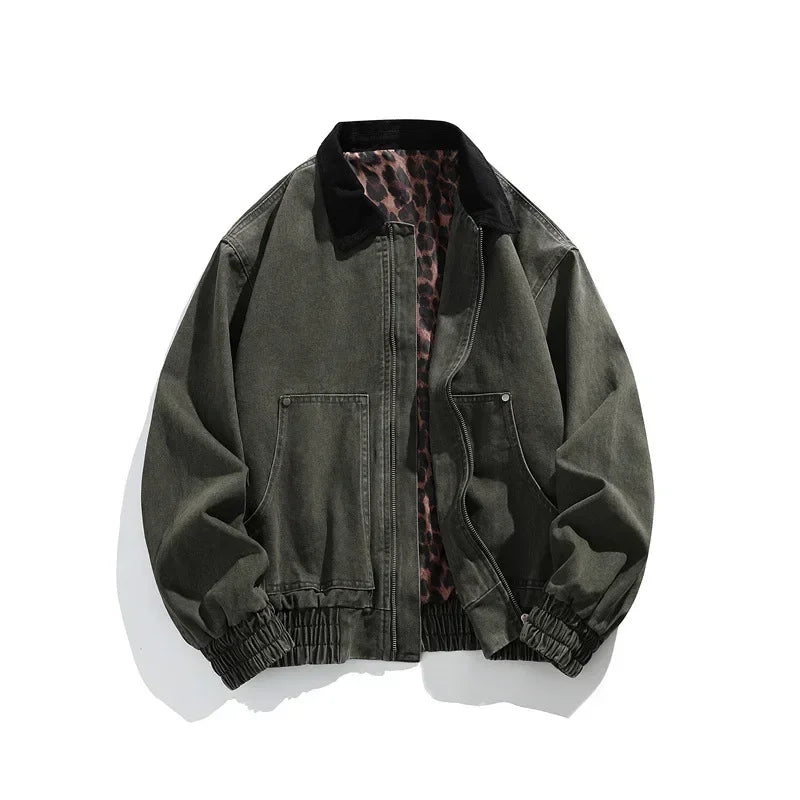 HEARUJOY  -  Men's Jacket Men's Workwear Collared Outerwear Vintage Pure Cotton Leopard Print Detroit Jacket Mens Leather Bomber Jacket Denim