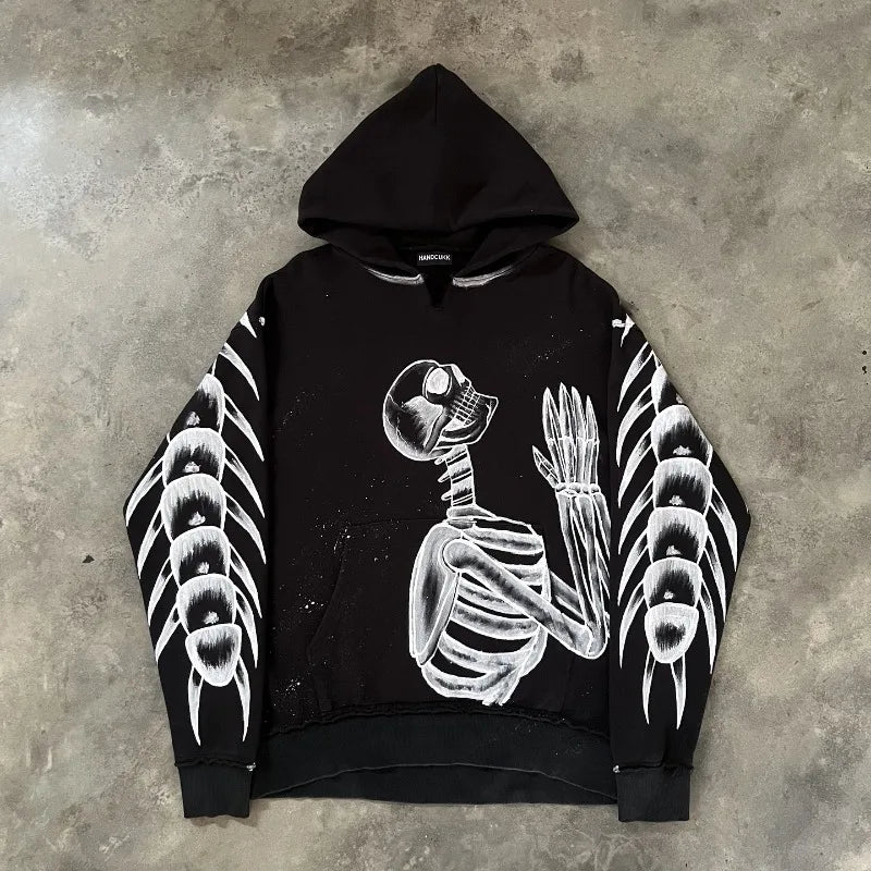 Hearujoy Skull skeleton design Gothic pattern printed oversized hoodies for women Y2K niche high street hip-hop winter couple sweatshirts