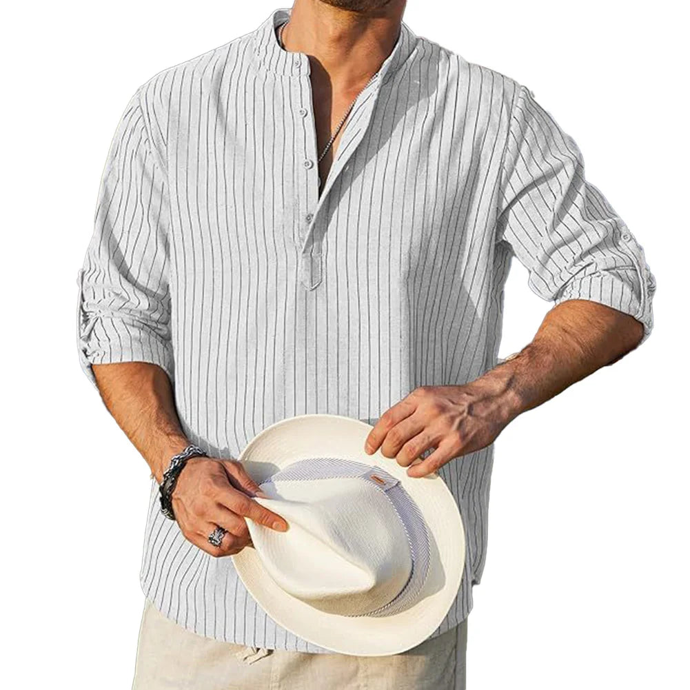 HEARUJOY  -  Comfy Hot Holiday Daily Vacation Shirt Striped Shirts Tops Brand New Casual Fashion Grandad Collar Long Sleeve