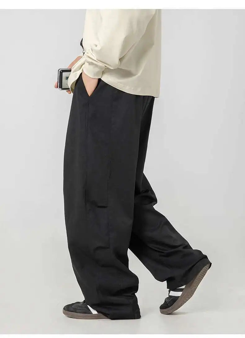 HEARUJOY  -  Pleated Design Men Casual Trousers Solid Color Drawstring Summer Korean Style Elastic Waist Straight Leg Male Pants 9W3495