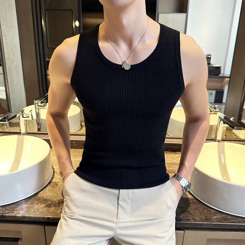 HEARUJOY  -  Solid Color Sleeveless Round Neck Summer Men Casual American Style Handsome Knitting Vest Bodybuilding Elastic Force Slim Tops