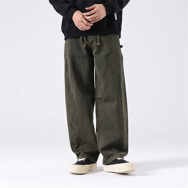 HEARUJOY  -  Men Vintage Washed Cotton Cargo Multi-pocket High Street Distressed Straight Tube Loose Wide-leg Workwear Trousers